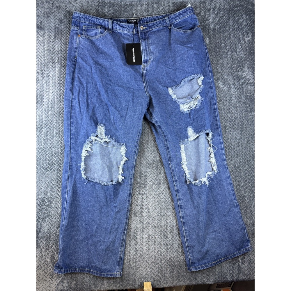 PrettyLittleThing Jeans Women 20 Blue Cotton Denim Distressed High Rise Wide Leg